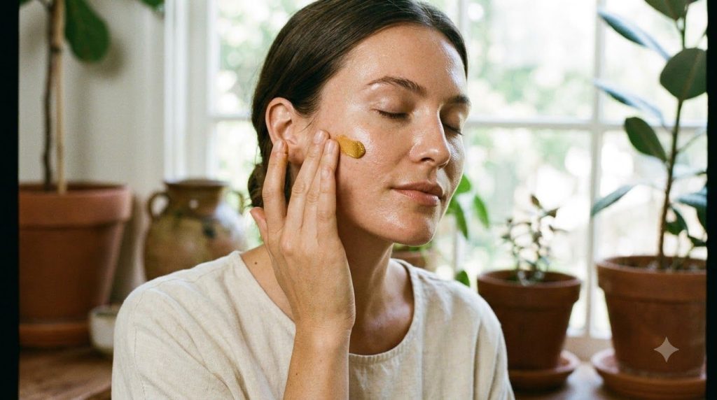 A woman gently massaging a small amount of the balm onto her face focusing on her cheek and forehead area with a soft gl