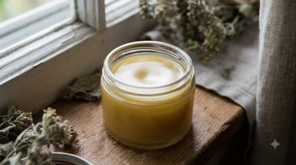 A small clean glass jar filled with the freshly made DIY Vaseline and natural oil blend showing its balm-like consistenc