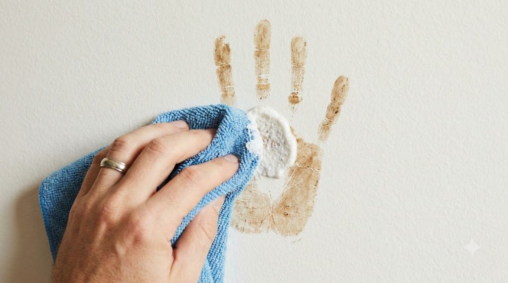 A close-up of a person gently rubbing a white paste onto a brown handprint on a light-colored wall with a blue microfibe