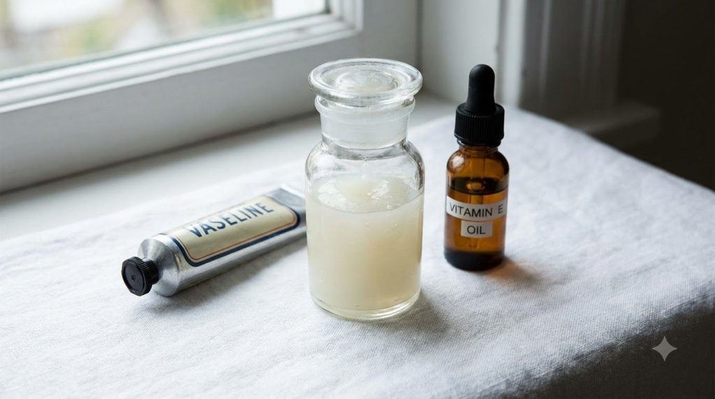 A small clean jar with the prepared Vaseline and Vitamin E mixture alongside the ingredients
