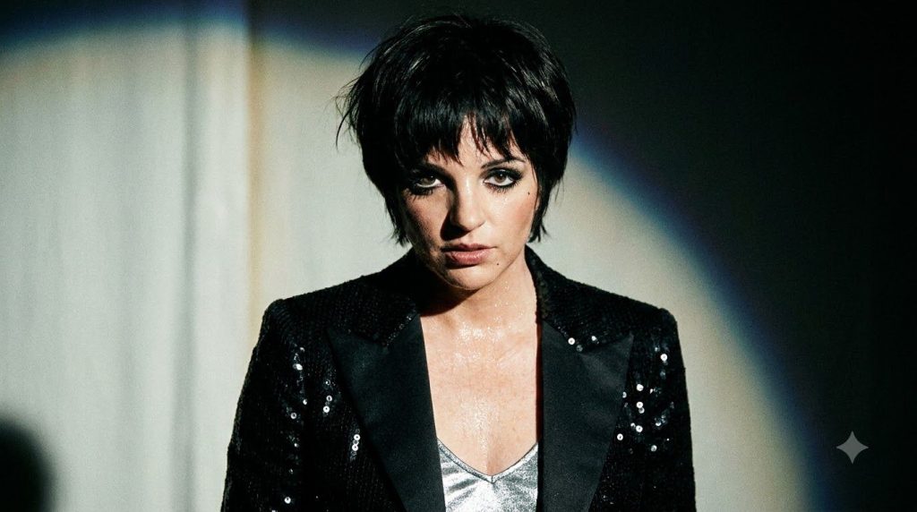 A portrait of Liza Minnelli likely from her Cabaret era with her signature short haircut and expressive eyes