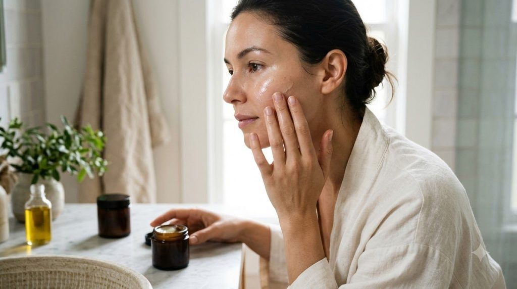 A woman gently applying a homemade Vaseline and olive oil mixture to her face showing smooth radiant skin with soft diff