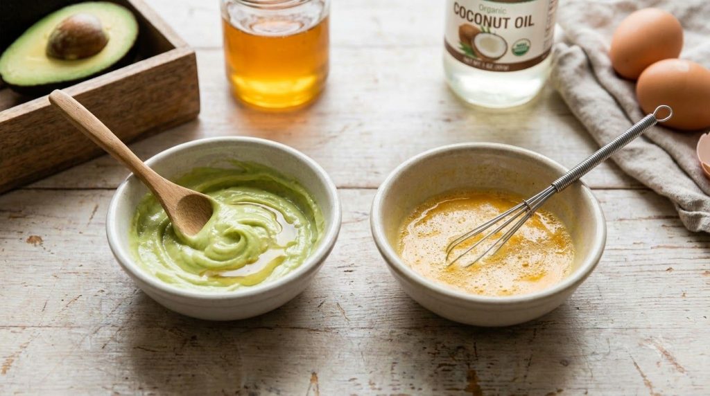 A bowl of creamy avocado and honey face mask next to a bowl of whisked egg and coconut oil hair mask with fresh ingredie