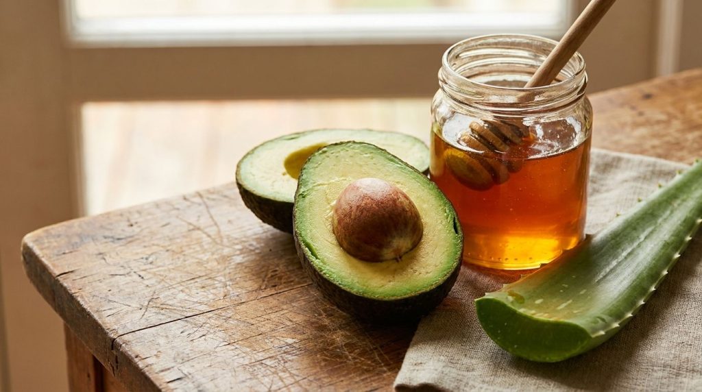 A close-up of fresh ripe avocado a jar of golden honey and a vibrant aloe vera leaf neatly arranged on a rustic wooden t