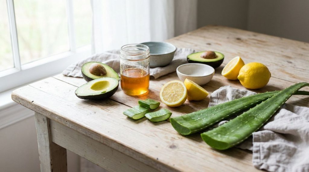 Various natural ingredients laid out on a clean surface such as sliced avocado a jar of honey fresh lemons and a cut alo