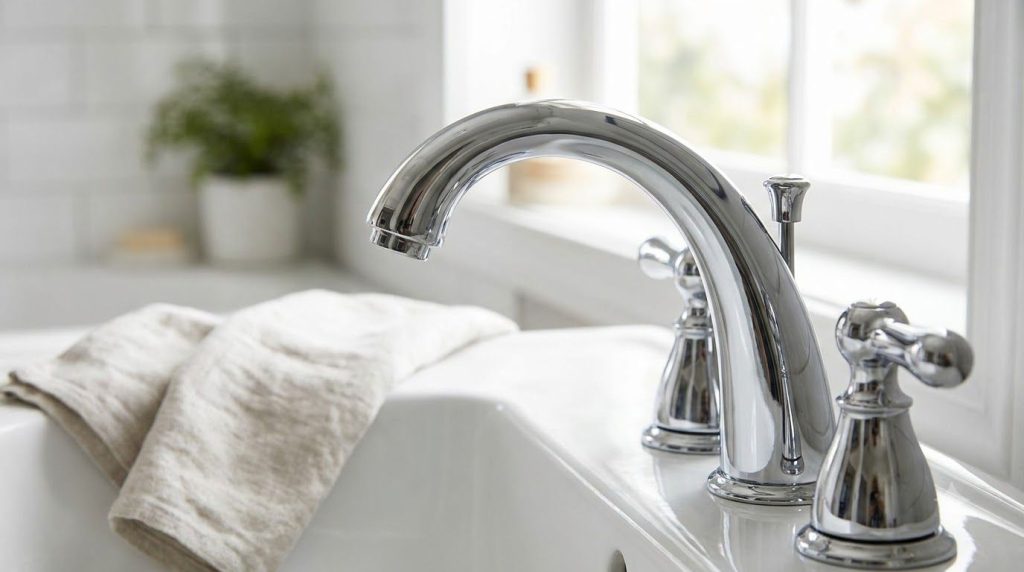 A gleaming clean chrome bathroom faucet reflecting light showing no signs of hard water stains or grime emphasizing the