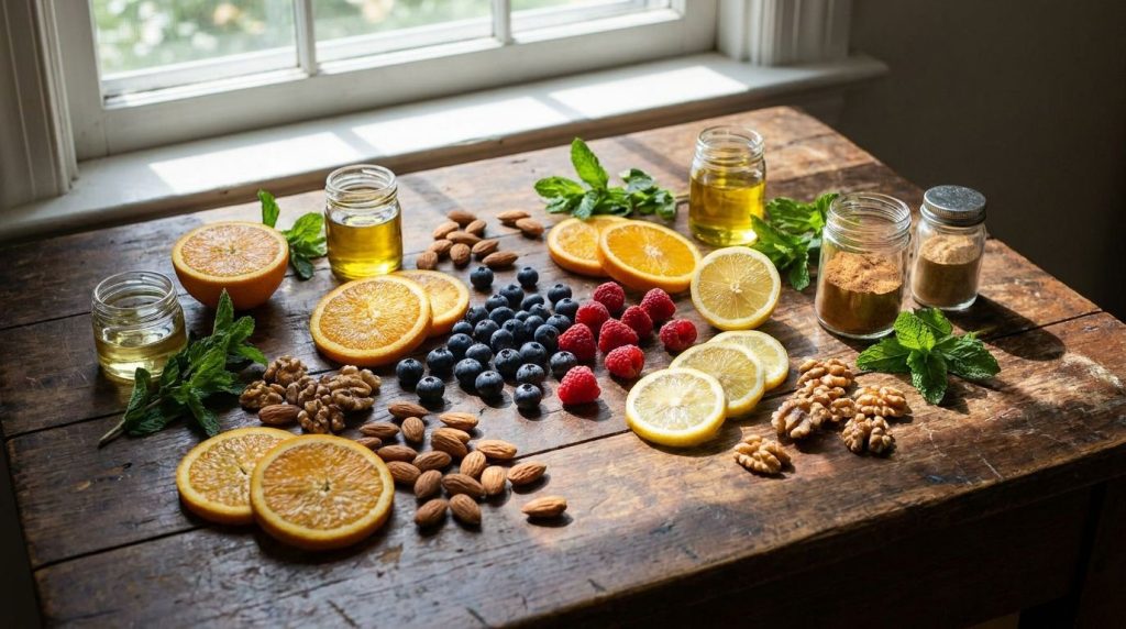 An aesthetic arrangement of natural ingredients like berries citrus fruits and nuts representing rich sources of skin-be