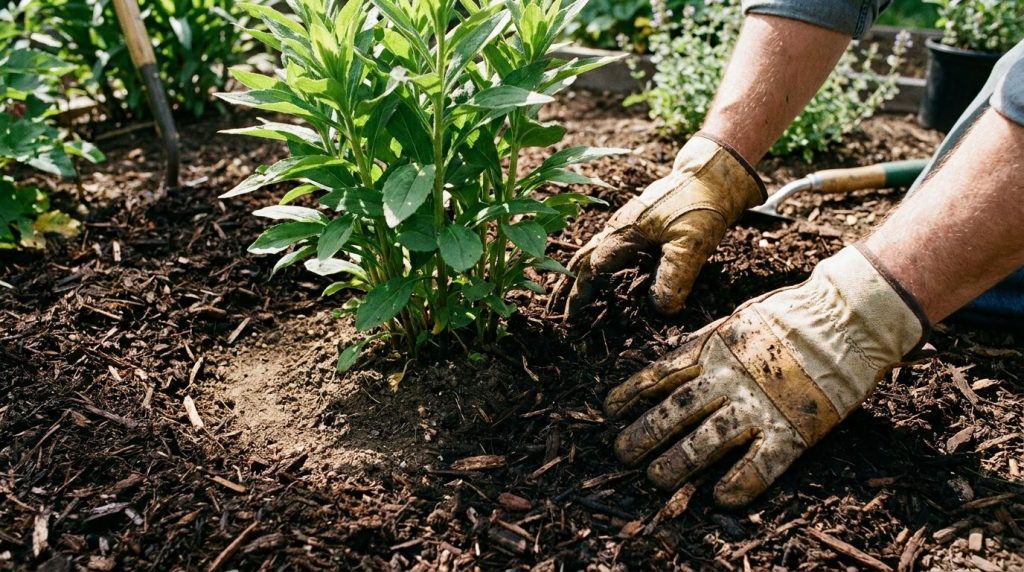 A gardener s hands applying a layer of organic mulch around the base of a small healthy plant ensuring a gap between the