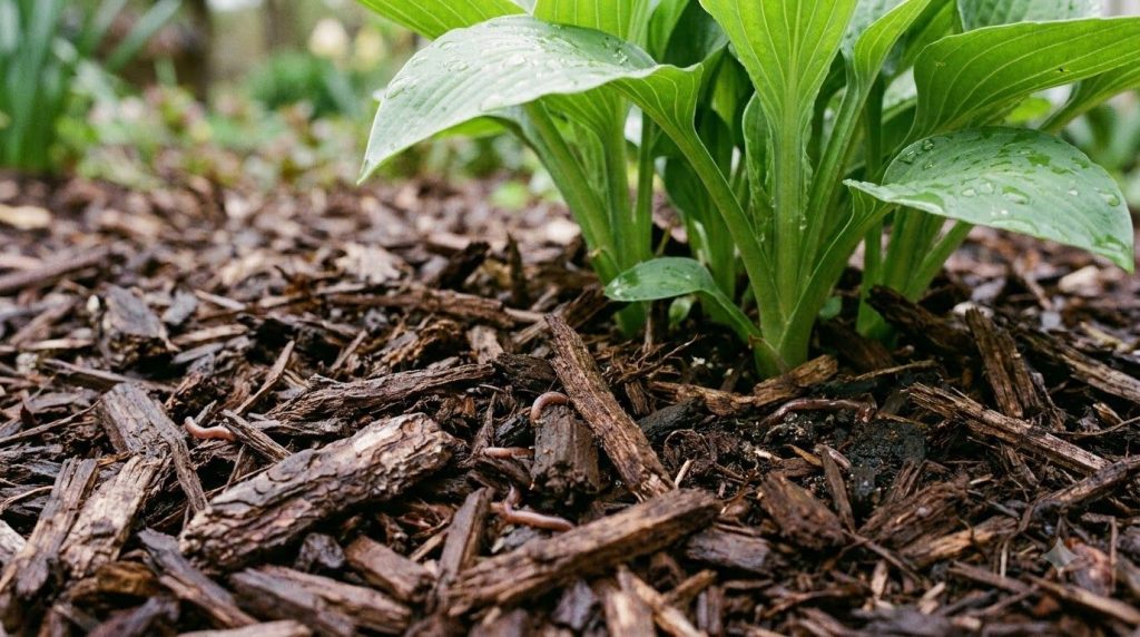 A close-up of dark shredded wood mulch applied around the base of a healthy green plant in a garden bed showcasing the t