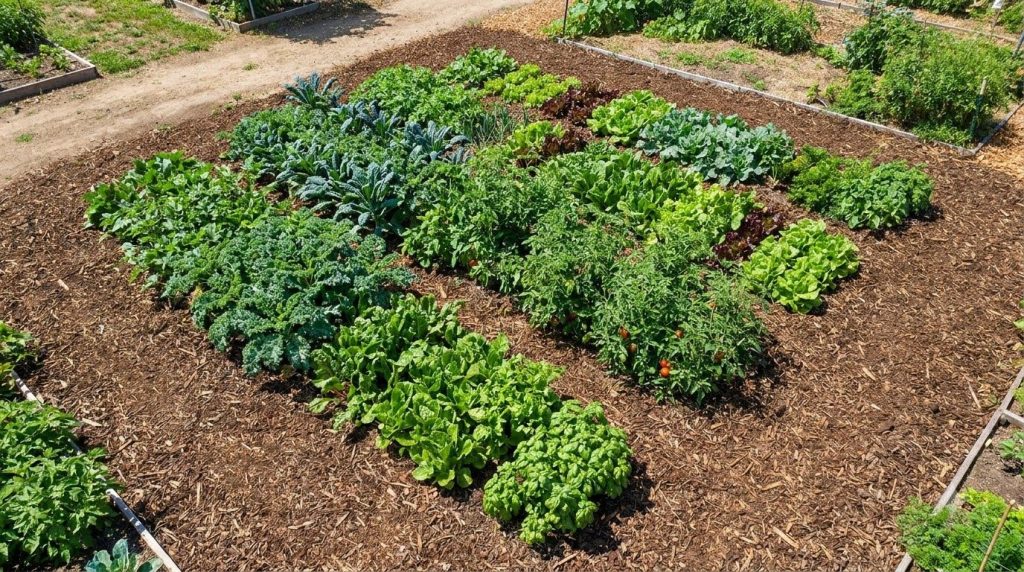 An aerial view of a vibrant mulched garden bed showing healthy plants surrounded by a uniform layer of organic mulch The