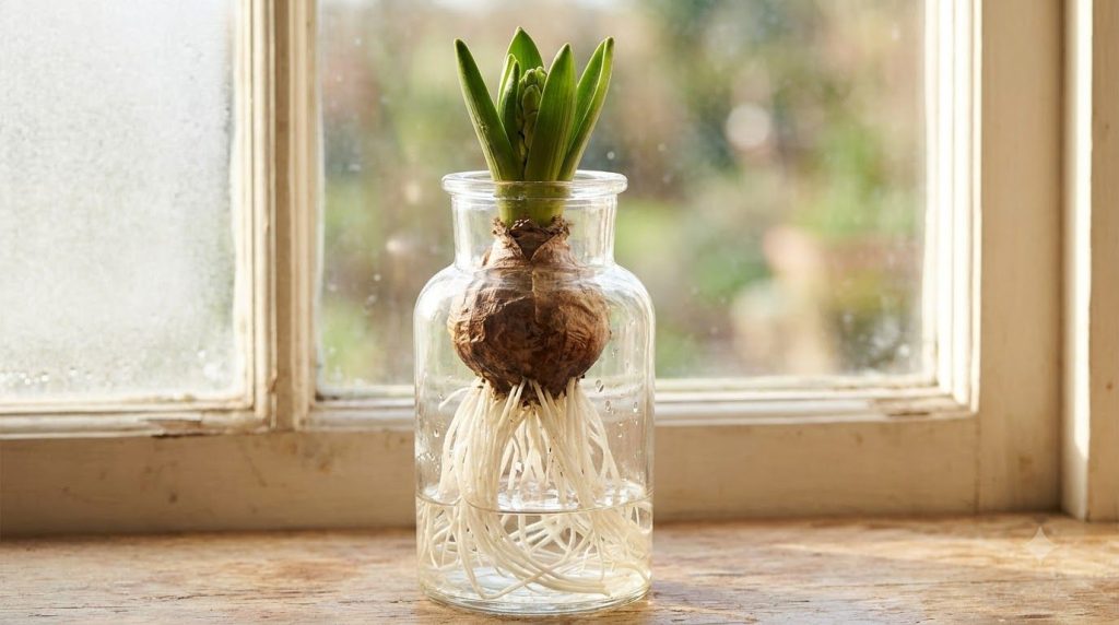 A hyacinth bulb with well-developed roots and a green shoot moved to a bright windowsill ready to bloom