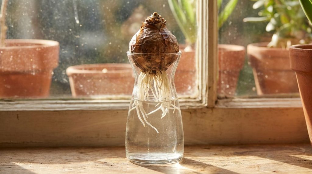 A close-up of a hyacinth bulb placed in a clear glass forcing vase with its base just touching the water ready to sprout