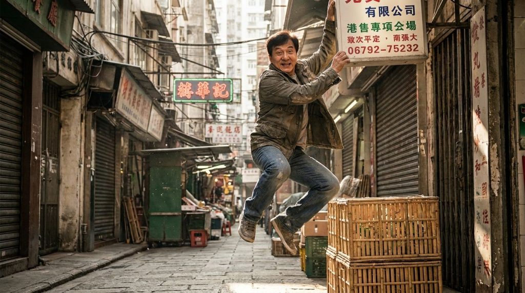 Jackie Chan performing a complex and dynamic martial arts stunt with a comedic expression showcasing his signature style