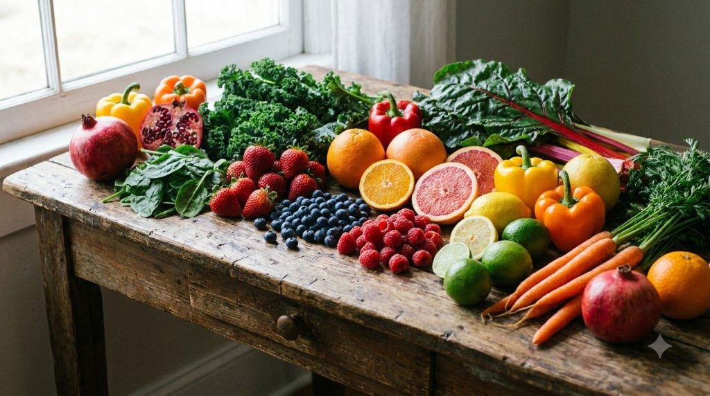 A variety of colorful fruits and vegetables known to be rich in vitamins such as berries leafy greens and citrus fruits 