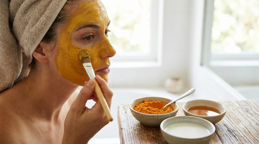 A woman applying a vibrant yellow turmeric face mask to her clean face with small bowls of turmeric powder honey and mil