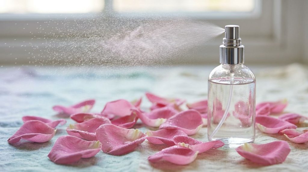 A clear spray bottle with rose water misting over fresh pink rose petals on a soft pastel background