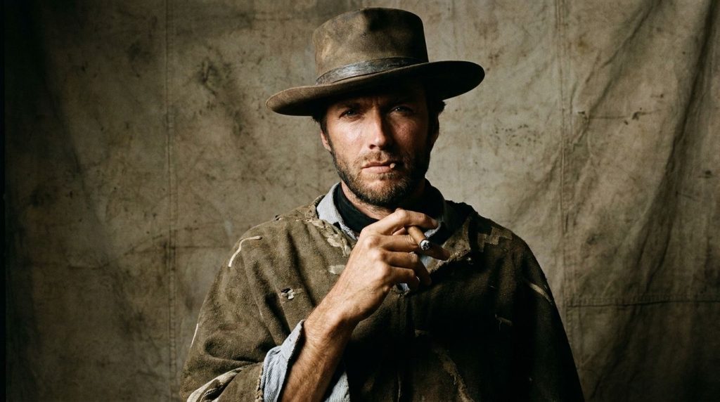 A portrait of a young Clint Eastwood looking stern and iconic perhaps from his Man with No Name era