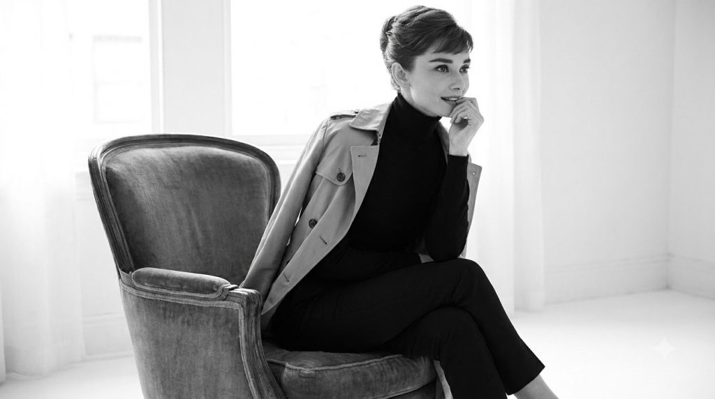 Audrey Hepburn in a classic pose elegant and stylish perhaps from a movie still or promotional photo