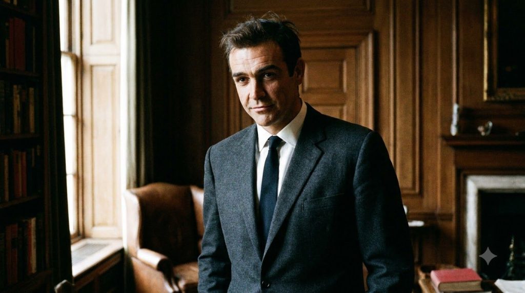 A portrait of Sean Connery in his prime looking suave and confident
