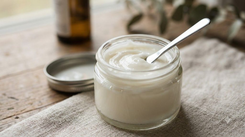 Close-up of a small glass jar with a white glossy mixture resembling a homemade balm A small spatula or spoon is resting