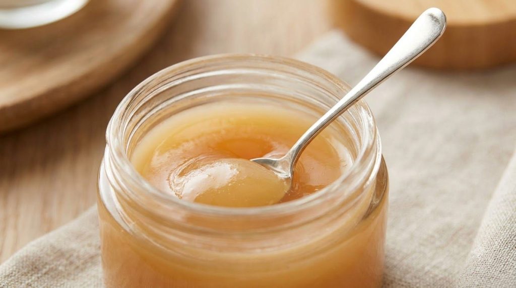 Small glass jar with a mixture of Vaseline and baby oil with a small spoon for mixing