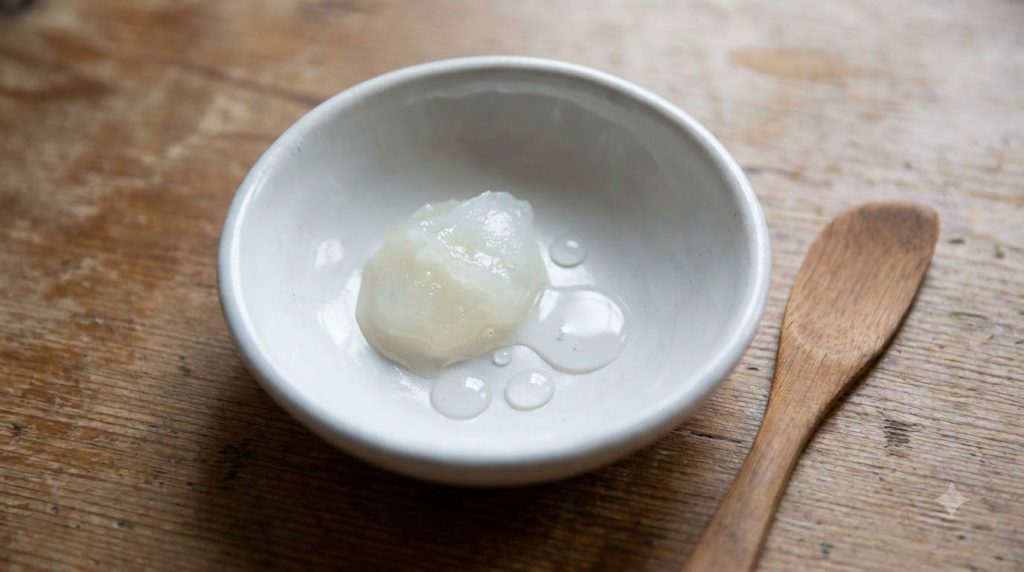 Close-up of a small bowl with Vaseline and a few drops of baby oil ready to be mixed