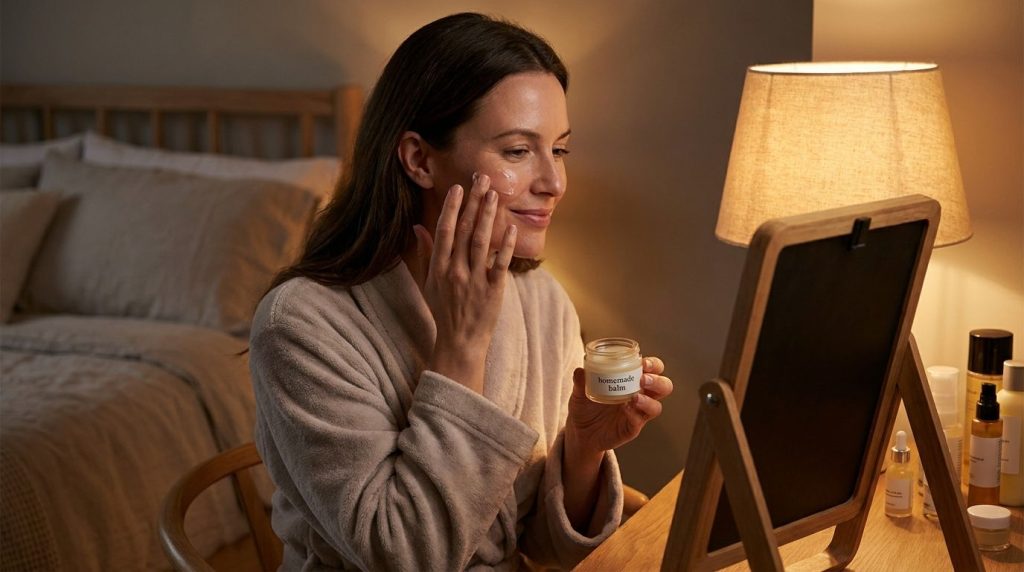 A woman gently patting a thin layer of the Vaseline and baby oil mixture onto her clean face before bed