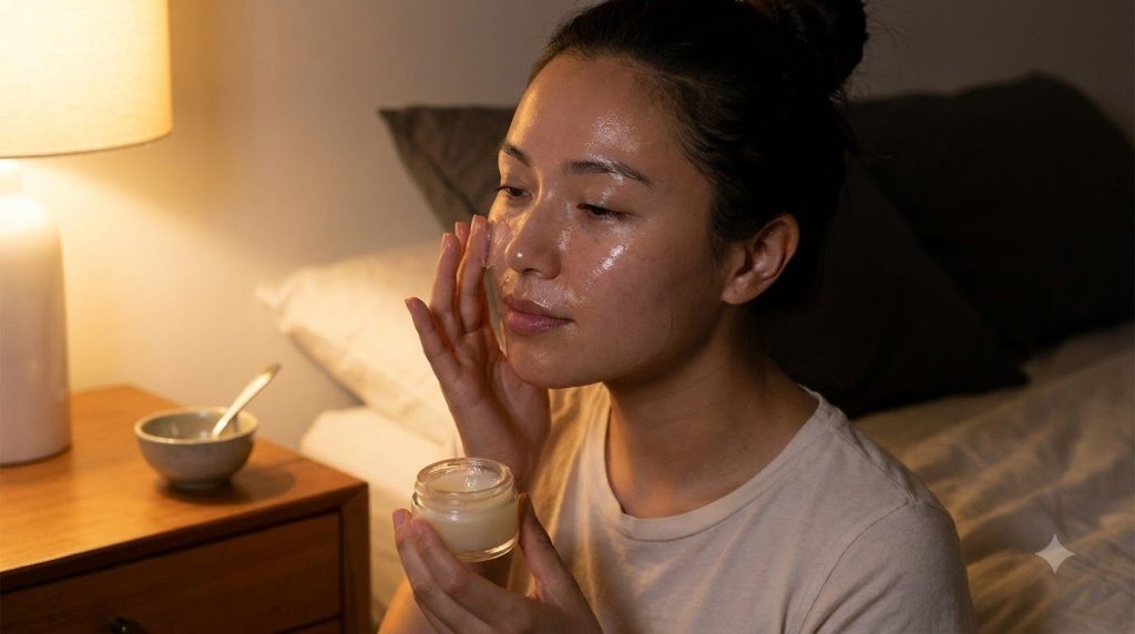 A person gently massaging a small amount of the homemade Vaseline and baby oil balm onto their clean face with a soft gl