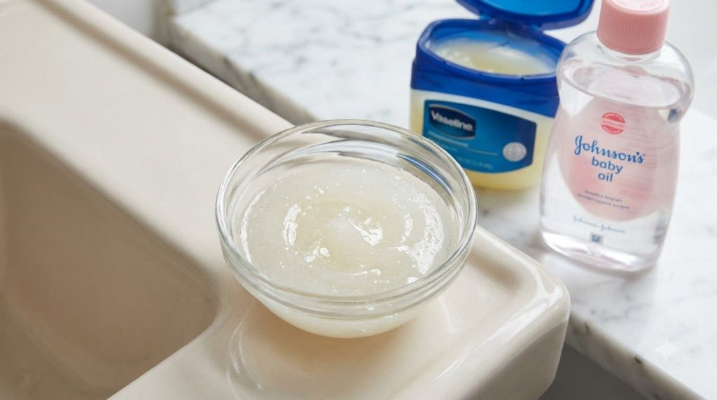 A close-up of a small glass bowl containing a mixture of Vaseline and baby oil with the original tubs and bottles visibl