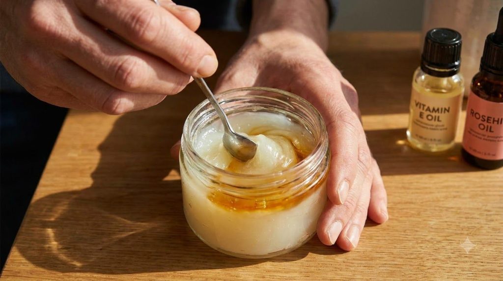 Close-up of hands mixing Vaseline with a few drops of vitamin E oil and rosehip oil in a small clear glass jar with a sm