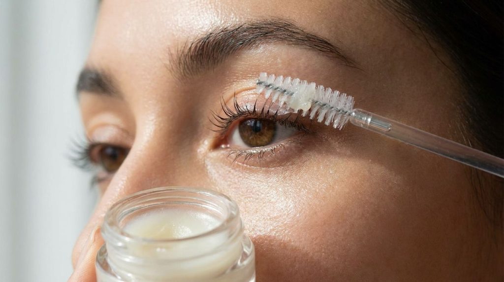 Close-up of a person gently applying Vaseline lash balm with a clean mascara wand to their eyelashes with the eye slight