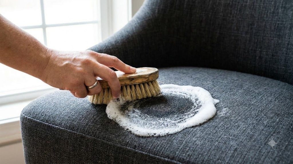 A close-up of a hand gently scrubbing a dark stain on an upholstered chair with a small brush and white foam