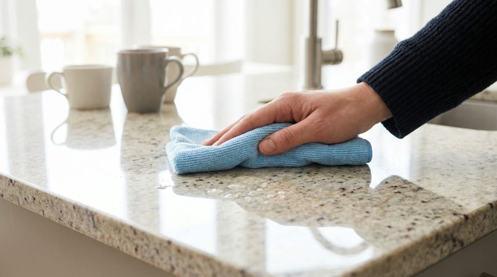 A sparkling clean kitchen countertop reflecting light with a hand wiping the last drops using a microfiber cloth