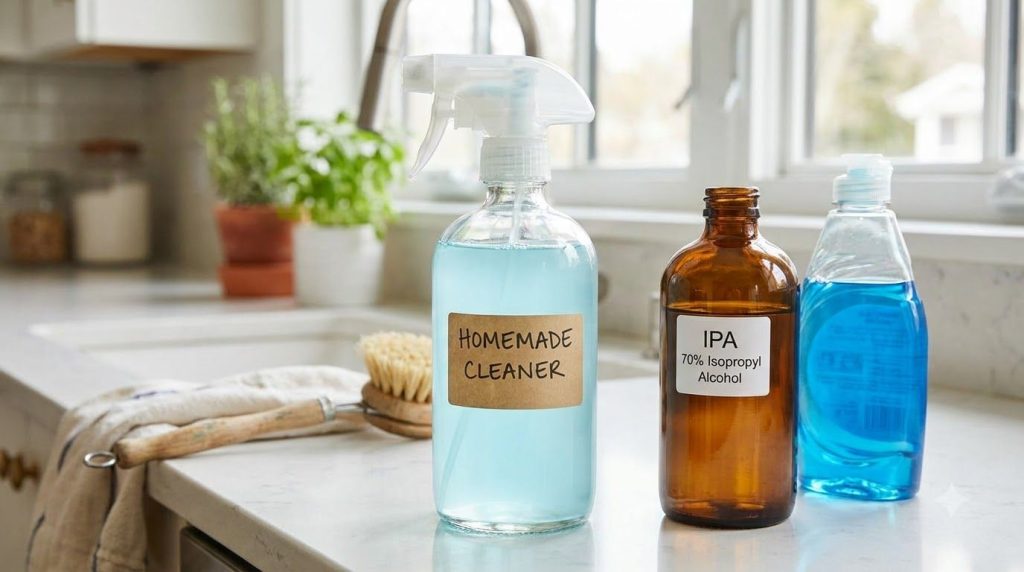 A clean spray bottle with a label for homemade cleaning solution next to bottles of isopropyl alcohol and blue dish soap