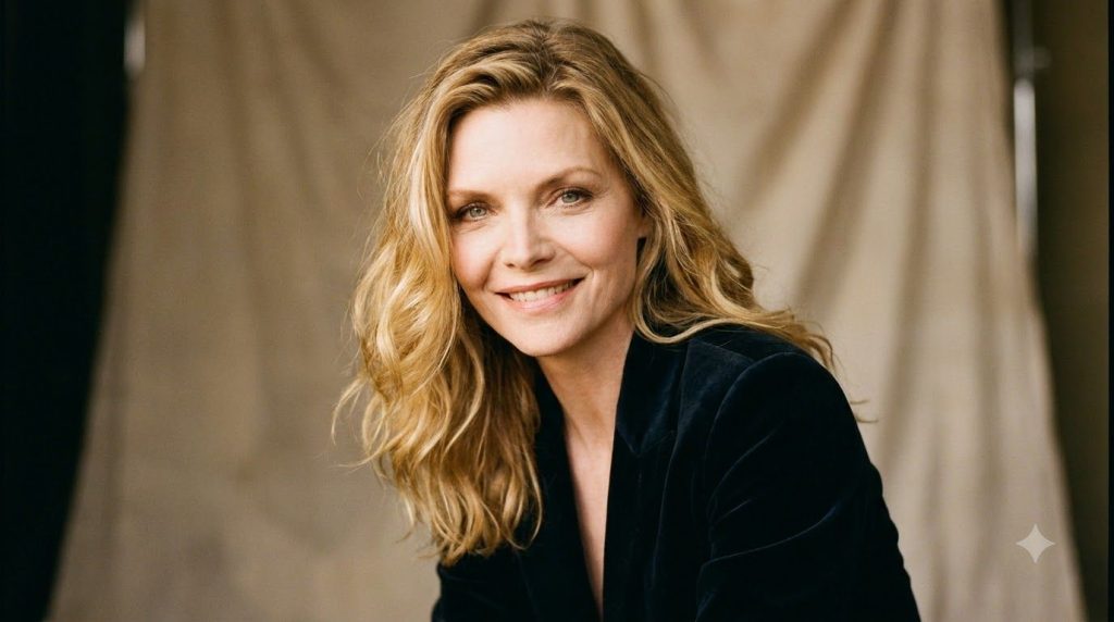 A striking portrait of Michelle Pfeiffer in her prime with her characteristic radiant smile and elegant style