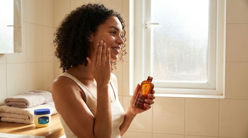 A woman gently massaging baby oil onto her face followed by a thin layer of Vaseline in a soft warm bathroom setting
