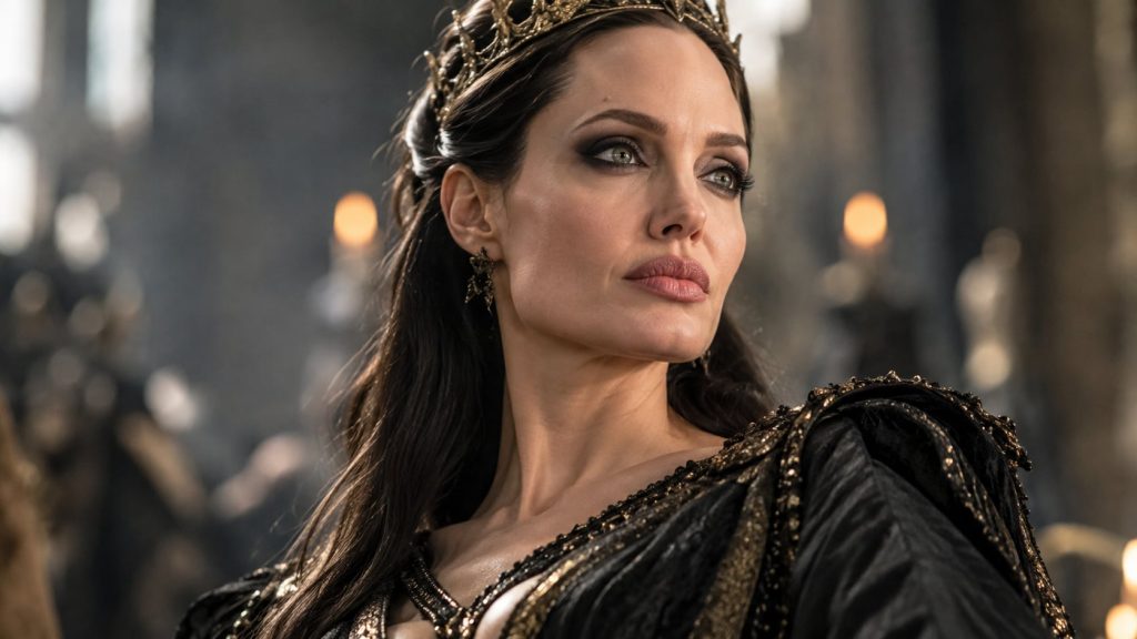 Angelina Jolie in a powerful mature pose possibly from a film where she plays a strong character looking serious and com