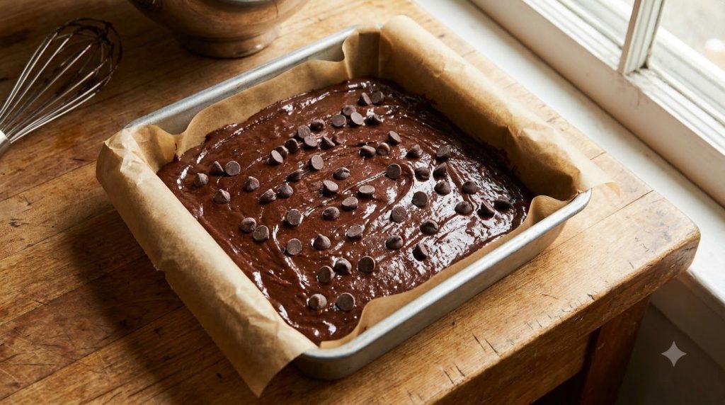 Brownie batter spread evenly in a parchment-lined baking pan ready to go into the oven A few chocolate chips are sprinkl