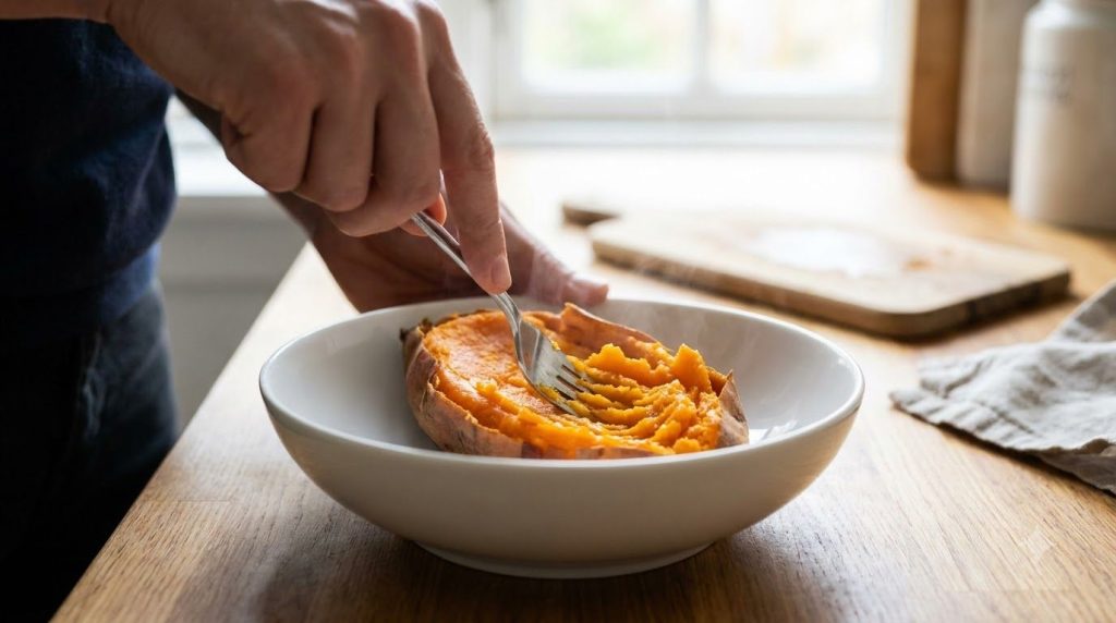 A cooked sweet potato being mashed with a fork in a bowl showing a smooth bright orange puree