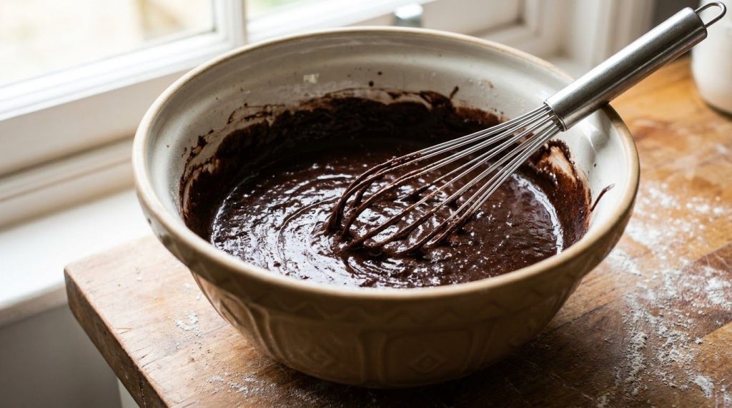 A large mixing bowl containing wet brownie batter a thick dark and smooth mixture of sweet potato puree sugars eggs and 
