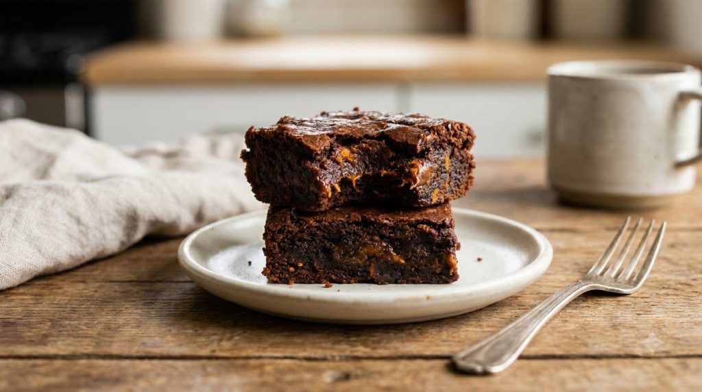 A stack of two fudgy sweet potato brownies on a small white plate with a fork next to them One brownie is bitten into sh