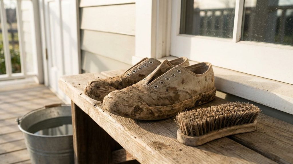A pair of muddy sneakers with laces removed ready for cleaning next to a cleaning brush