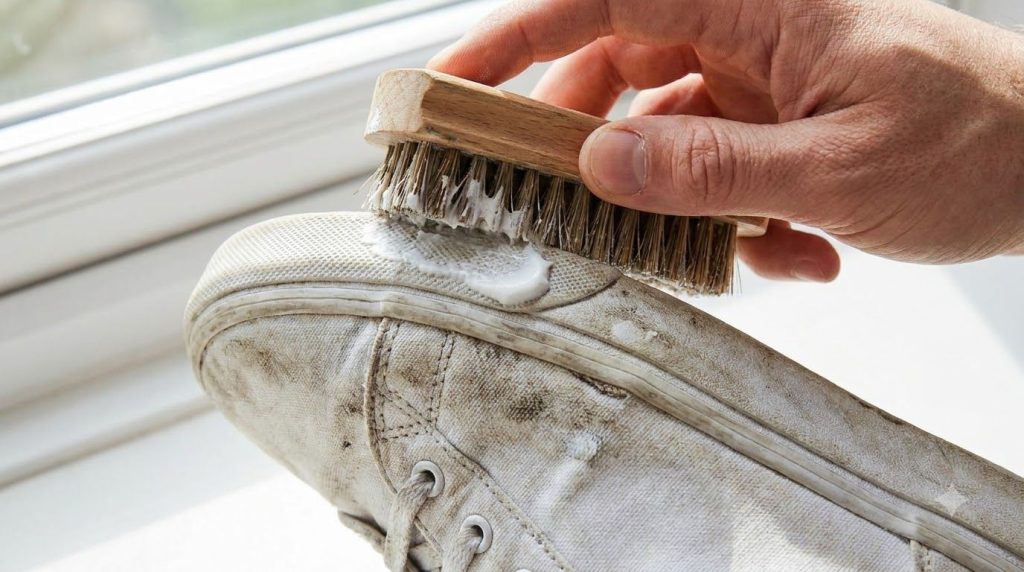 A hand using a brush to apply the cleaning paste onto a dirty white sneaker showing the paste on the shoe