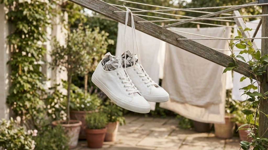 Clean white sneakers drying in a well-lit airy spot possibly with newspaper inside
