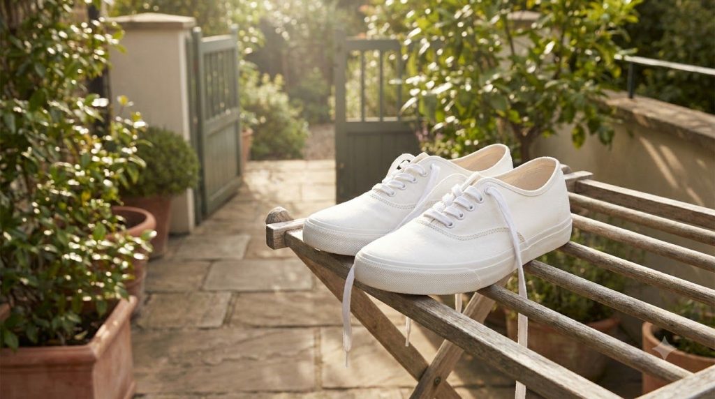 A pair of sparkling clean white sneakers completely free of mud and stains drying in a well-ventilated area possibly out
