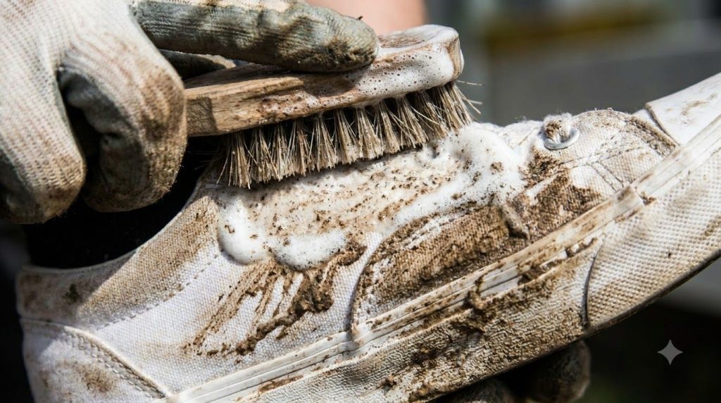 A close-up of a hand using a small brush to scrub a white sneaker applying the cleaning paste to remove stubborn mud sta