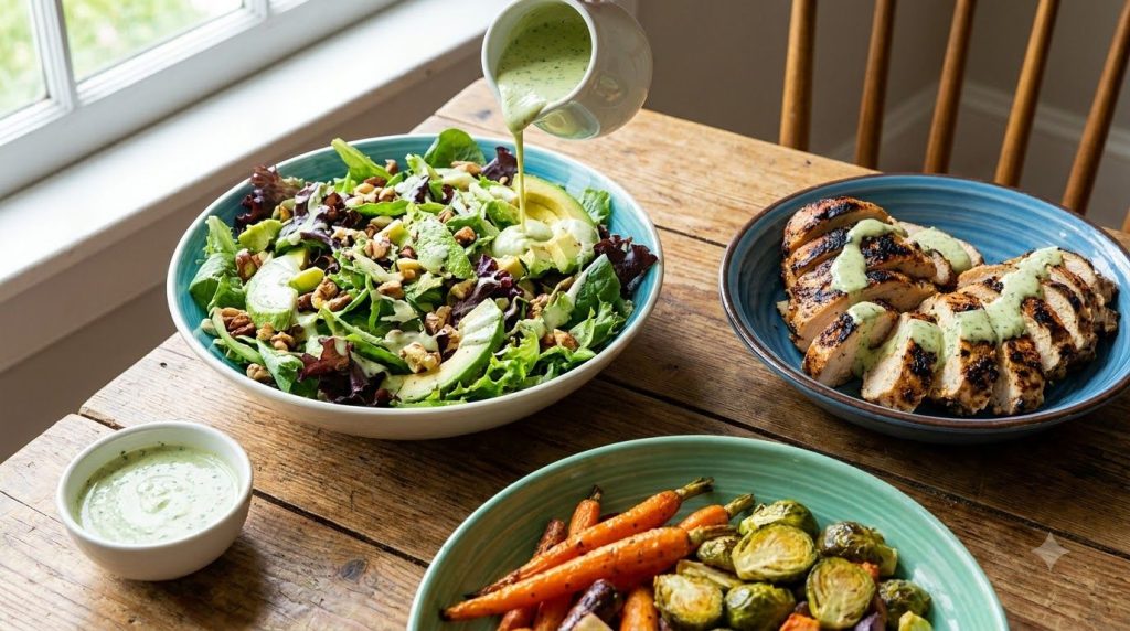 Diversos platos saludables realzados con una salsa cremosa ensalada pollo a la parrilla vegetales
