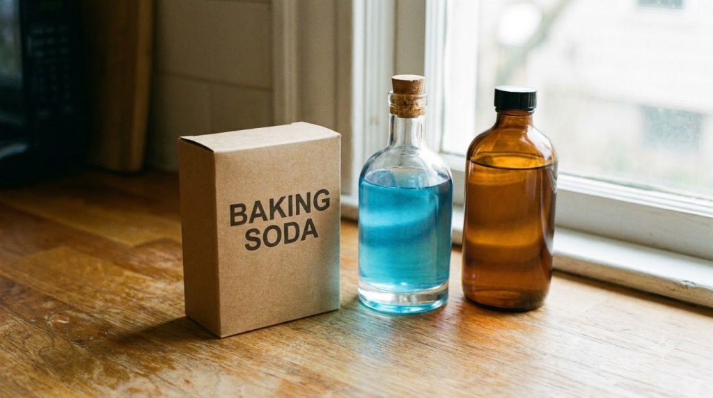 Close-up shot of the three ingredients for cleaning a box of baking soda a bottle of blue dish soap and a bottle of appl