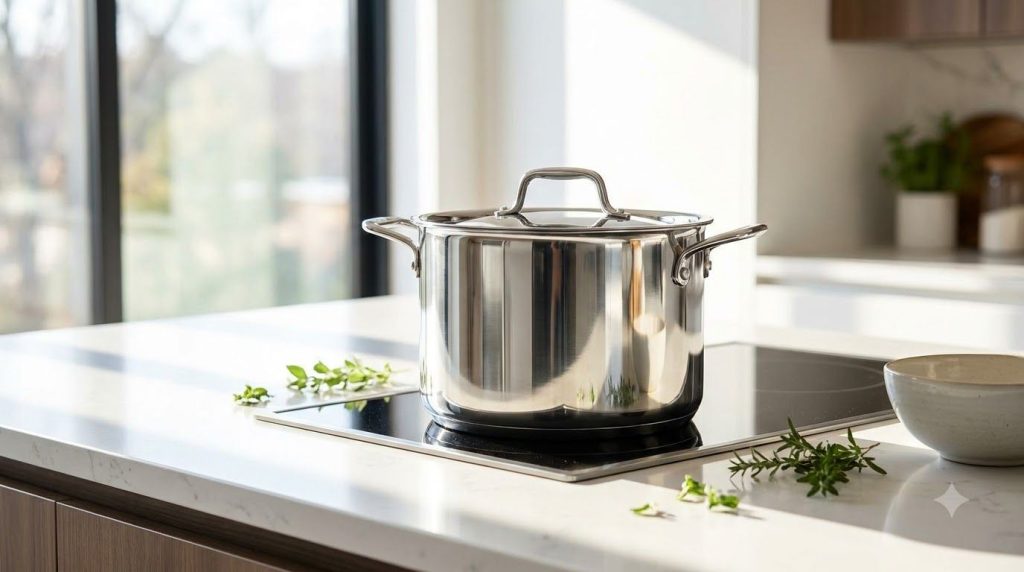 A perfectly clean sparkling metal pot freshly washed and gleaming in a bright kitchen setting