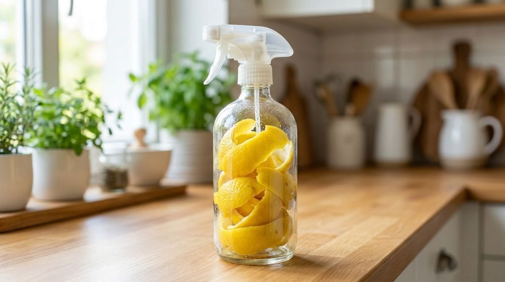 Close-up of lemon peels filling a clear spray bottle on a kitchen counter
